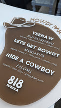 Load image into Gallery viewer, Brown acrylic with beige and white text. Cowboy hat accent and western font
